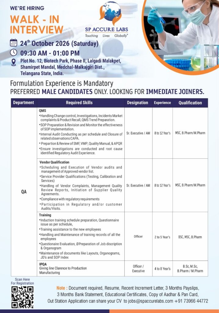 SP Accure Labs Walk-In Interview 2026: Multiple Pharma Jobs in Telangana