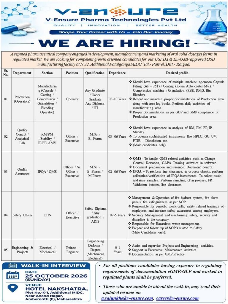 V-Ensure Pharma Technologies Pvt. Ltd. Hiring 2026