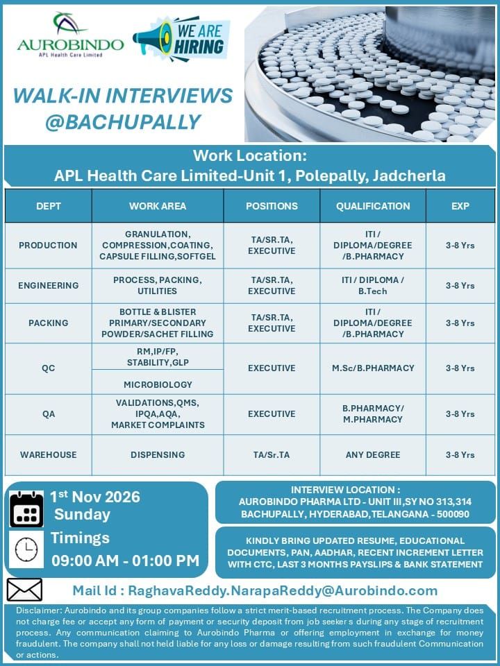 Aurobindo Pharma Walk-In Interview 2026