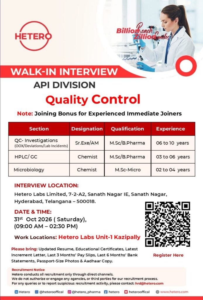 Hetero Labs Walk-In Interview 2026: Quality Control QC Jobs in Hyderabad