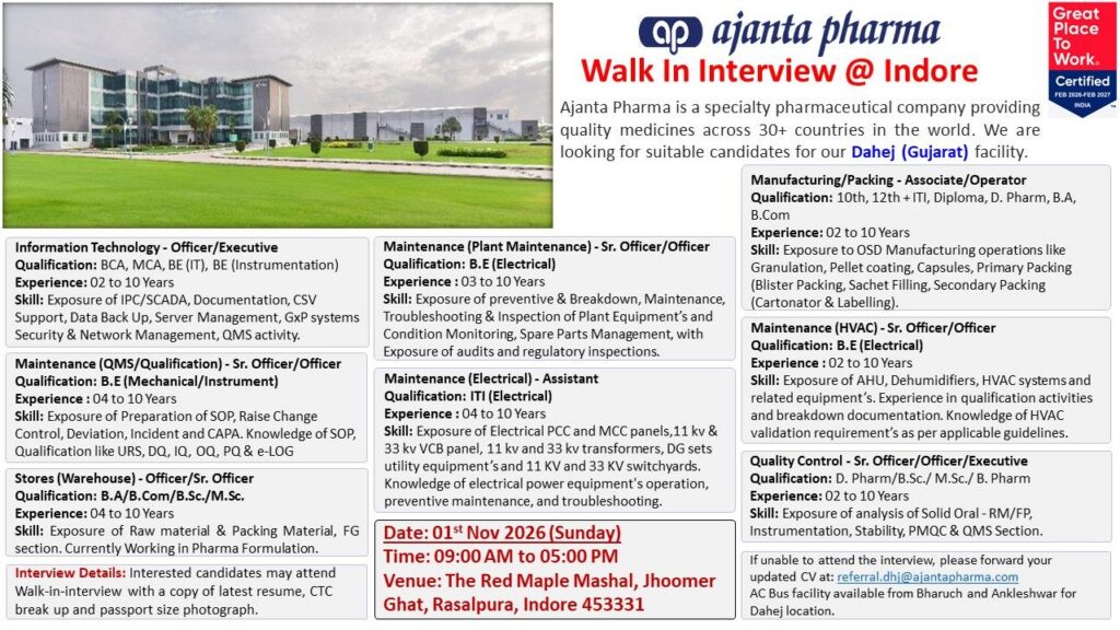 Ajanta Pharma Walk-In Interview 2026 in Indore