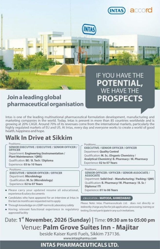 Intas Pharmaceuticals Ltd. Walk-In Interview 2026 | Sikkim