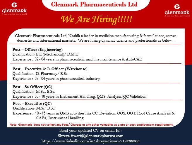 Glenmark Pharmaceuticals Ltd Recruitment 2026: Jobs in Nashik