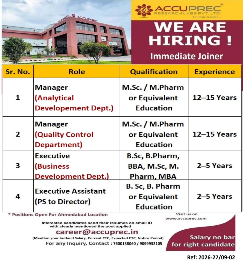 Accuprec Research Labs Pvt. Ltd. Hiring 2026 – Multiple Pharma Vacancies