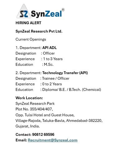 SynZeal Research Hiring – API ADL & Technology Transfer Jobs