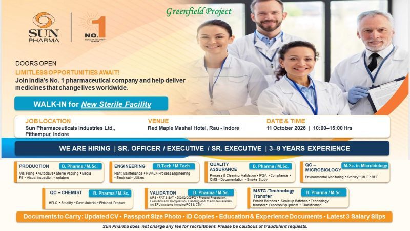 Sun Pharmaceutical Industries Ltd. is conducting a Walk-In Interview in Indore