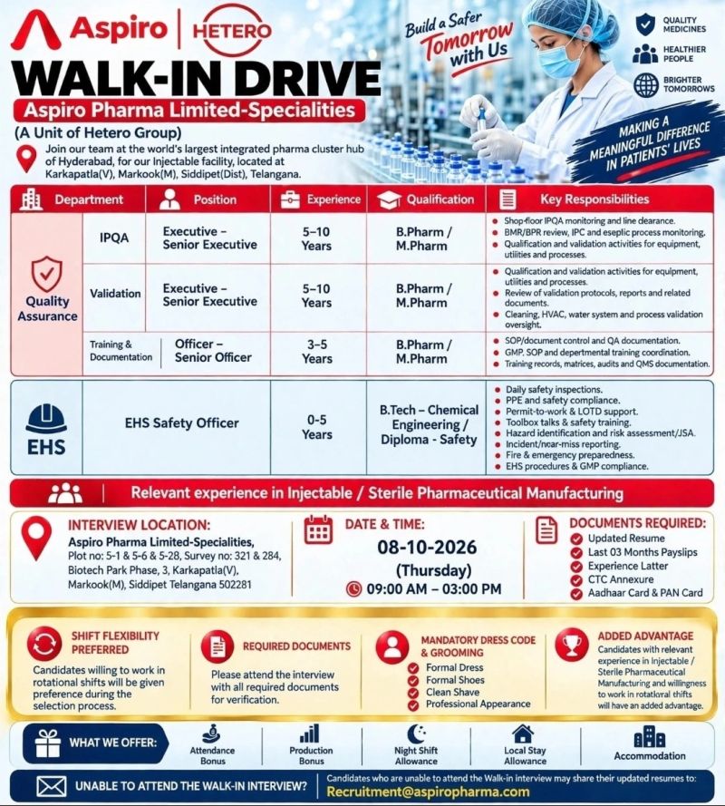 Aspiro Pharma Limited Walk-In Drive 2026 Aspiro Pharma Limited Walk-In Drive 2026 – QA & EHS Jobs